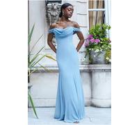 Goddiva Chiffon Bardot Cowl Neck Maxi Dress - Duskyblue by Goddiva - Dusky Blue - 16
