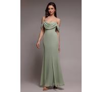 Goddiva Chiffon Bardot Cowl Neck Maxi Dress In Pale Green Pale Green