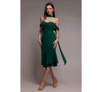 Goddiva Chiffon Cowl Off Shoulder Wing Tiered Midi Dress - Emerald Green by Goddiva - Emerald Green - 14