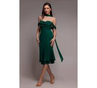 Goddiva Chiffon Cowl Off Shoulder Wing Tiered Midi Dress In Emerald Emerald 14