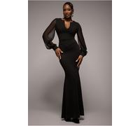 Goddiva Chiffon Cuffed Balloon Sleeve Scuba Maxi Dress - Black by Goddiva - Black - 8