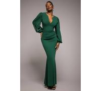 Goddiva Chiffon Cuffed Balloon Sleeve Scuba Maxi Dress In Emerald Emerald 14