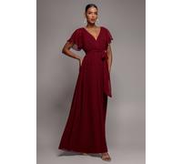 Goddiva Chiffon Flutter Sleeve Wrap Maxi Dress In Burgundy Burgundy