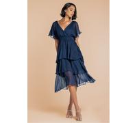 Goddiva Chiffon Layered Flutter Sleeve Midi Dress - Navy by Goddiva - Navy - 18