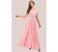 Goddiva Chiffon Maxi With Embellished Belt - Peach by Goddiva - Peach - 14