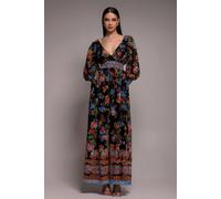 Goddiva Chiffon Wrap Border Floral Print Maxi Dress In Black Black