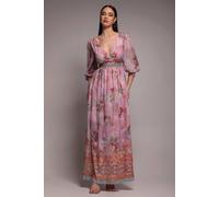 Goddiva Chiffon Wrap Border Floral Print Maxi Dress In Pink Pink 12