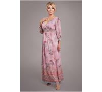 Goddiva Chiffon Wrap Border Floral Print Maxi Dress - Pink by Goddiva - Pink - 16