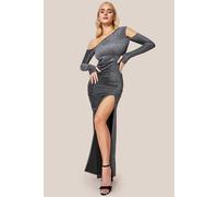 Goddiva Cold Shoulder Lurex Maxi With Thigh Split - Silver by Goddiva - Silver - 14