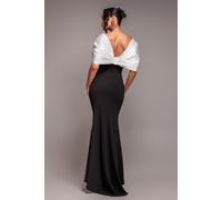 Goddiva Contrast Off Shoulder Back Satin Bow Scuba Maxi Dress - Black Cream by Goddiva - Black Cream - 8