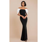 Goddiva Contrast Off Shoulder Back Satin Bow Scuba Maxi Dress In Black Black 18