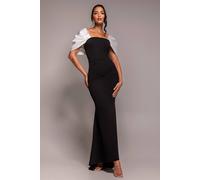 Goddiva Contrast Off Shoulder Back Satin Bow Scuba Maxi Dress In Black Black 18