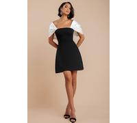 Goddiva Contrast Off Shoulder Back Satin Bow Scuba Mini Dress In Black Black 10