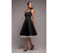 Goddiva Contrast Organza Frill Bow Back Halter Midi Dress - Black Cream by Goddiva - Black Cream - 10