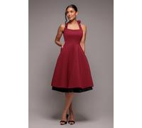 Goddiva Contrast Organza Frill Bow Back Halter Midi Dress - Burgundy Black by Goddiva - Burgundyblack - 8