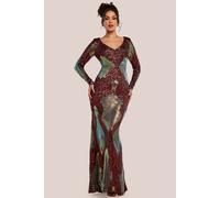 Goddiva Contrast Sequin Long Sleeve Maxi Dress - Wine by Goddiva - Wine - 10