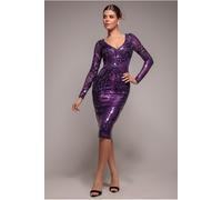 Goddiva Contrast Sequin Long Sleeve Midi Dress - Purple by Goddiva - Purple - 10