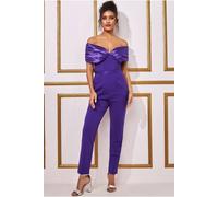 Goddiva Corset Bodice Scuba & Satin Bardot Jumpsuit In Purple Purple