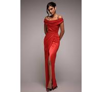 Goddiva Cowl Bardot Satin Twill Maxi Dress In Red Red 12