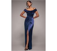 Goddiva Cowl Bardot Satin Twill Maxi Dress - Navy by Goddiva - Navy - 10