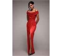 Goddiva Cowl Bardot Satin Twill Maxi Dress - Red by Goddiva - Red - 12