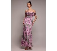 Goddiva Cowl Neck Floral Print Jacquard Chiffon Maxi Dress - Blush Pink by Goddiva - Blush - 18