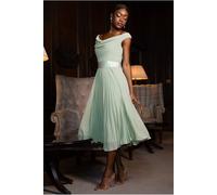 Goddiva Cowl Neck Pleated A-Line Chiffon Midi Dress - Sage Green by Goddiva - Sage Green - 10
