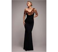 Goddiva Cowl One Shoulder Contrast Sequin & Scuba Crepe Maxi Dress - Bronze by Goddiva - Bronze - 16