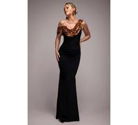 Goddiva Cowl One Shoulder Contrast Sequin & Scuba Crepe Maxi Dress In Black Black 16