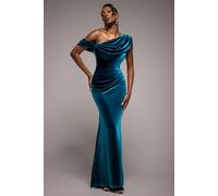 Goddiva Cowl One Shoulder Velvet Maxi Dress In Teal Teal 14