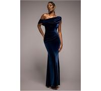 Goddiva Cowl One Shoulder Velvet Maxi Dress - Navy Blue by Goddiva - Navy - 16