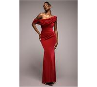 Goddiva Cowl One Shoulder Velvet Maxi Dress - Red by Goddiva - Red - 16