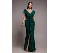 Goddiva Cowl Plunge Draped Mermaid Maxi Dress In Emerald Emerald