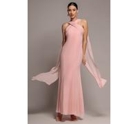 Goddiva Cross Front Scarf Back Chiffon Mermaid Maxi Dress - Blush Pink by Goddiva - Blush - 14