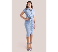 Goddiva Denim Gathered Angel Sleeve Midi Shirt Dress In Blue Blue 10