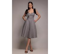 Goddiva Diagonal Stripe Velvet Bow A Line Midi Dress - Black White by Goddiva - Black White - 18