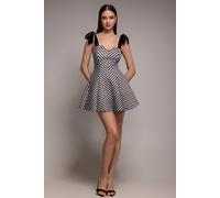 Goddiva Diagonal Stripe Velvet Bow A Line Mini Dress - Black White by Goddiva - Black White - 12