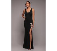Goddiva Diamante Brooch Thigh Split Mermaid Maxi Dress - Black by Goddiva - Black - 12