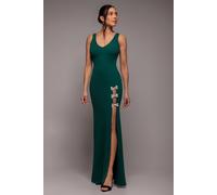 Goddiva Diamante Brooch Thigh Split Mermaid Maxi Dress - Emerald by Goddiva - Emerald - 10