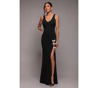 Goddiva Diamante Brooch Thigh Split Mermaid Maxi Dress In Black Black