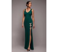 Goddiva Diamante Brooch Thigh Split Mermaid Maxi Dress In Emerald Emerald