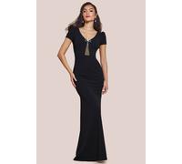 Goddiva Diamante Embellished Bow Scuba Crepe Maxi Dress In Black Black 18
