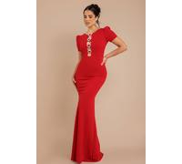 Goddiva Diamante Embellished Heart Brooch Scuba Maxi Dress In Red Red 14