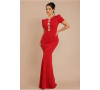 Goddiva Diamante Embellished Heart Brooch Scuba Maxi Dress - Red by Goddiva - Red - 10