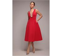 Goddiva Diamante Embellished Neck A-Line Midi Dress - Red by Goddiva - Red - 10