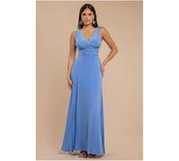 Goddiva Diamante & Scalloped Lace Neck Maxi Dress - Cornflower Blue by Goddiva - Cornflower Blue - 10