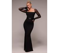 Goddiva Dobby Mesh Feather Sleeve Evening Maxi Dress In Black Black 16