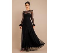 Goddiva Dobby Mesh Feather Sleeve Hem Maxi In Black Black 16