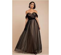 Goddiva Dobby Mesh Off The Shoulder Princess Maxi Dress - Black by Goddiva - Black - 16