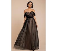 Goddiva Dobby Mesh Off The Shoulder Princess Maxi Dress In Black Black 12